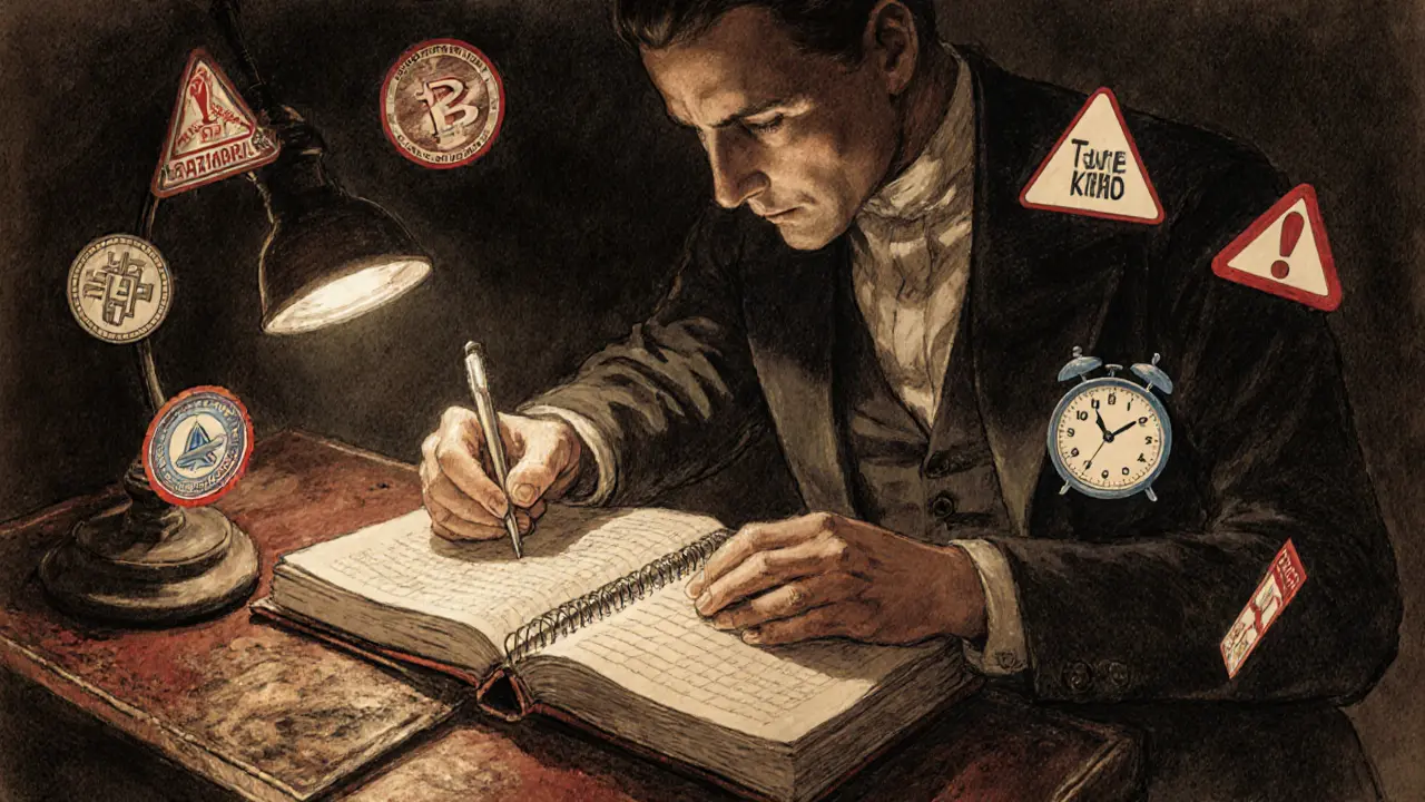 An investor logs crypto transactions under lamplight, with taxable activities marked in red and a path to safety leading to 2029.