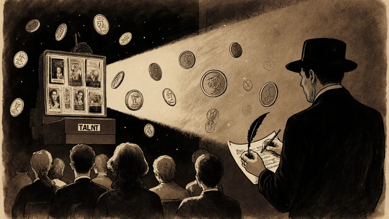 Audience members watch an indie film under candlelight, with TALNT tokens floating like fireflies and a famous director observing in shadow.