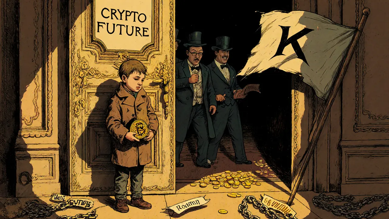 Child stands before a door to crypto future, whales laughing behind it with KACY token in hand.