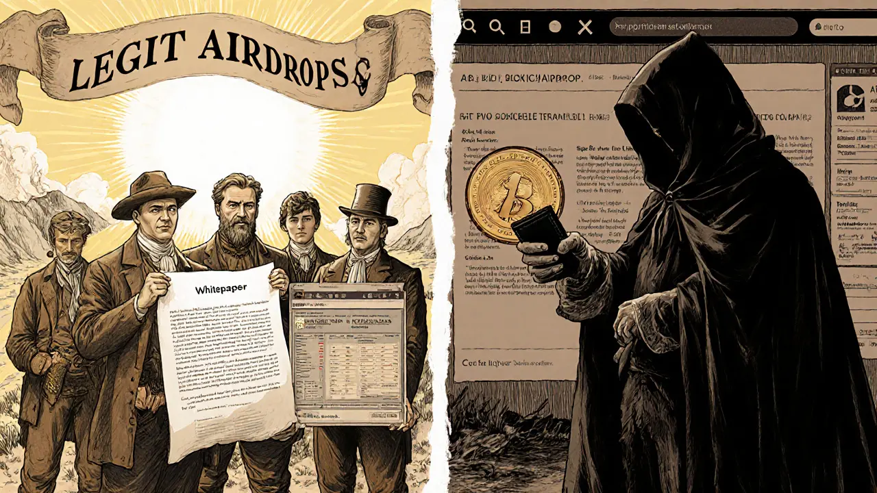 Contrasting scene: trustworthy crypto team with whitepaper vs. con artist stealing a wallet, rendered in Howard Pyle&#039;s ink illustration style.