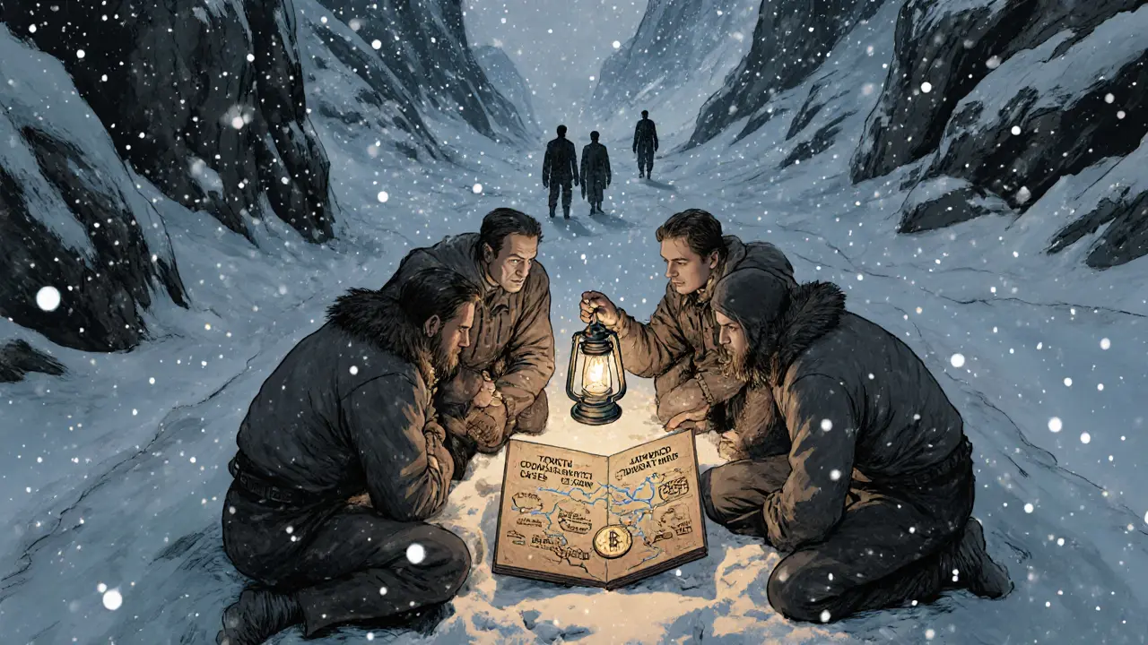 Crypto pioneers examine a wooden map of cross-chain routes in a snowy mountain pass, illuminated by a glowing ELK token.