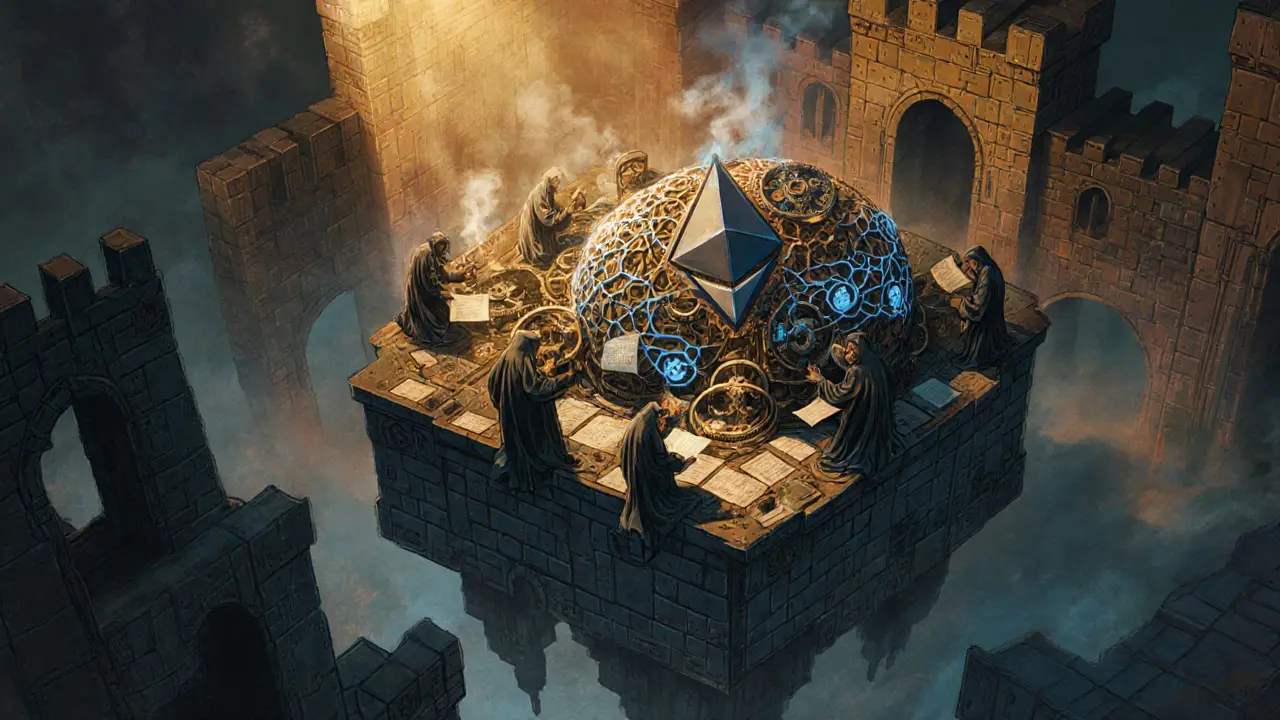 Developers in Victorian-tech attire feed data into a mechanical AI brain inside a floating castle.