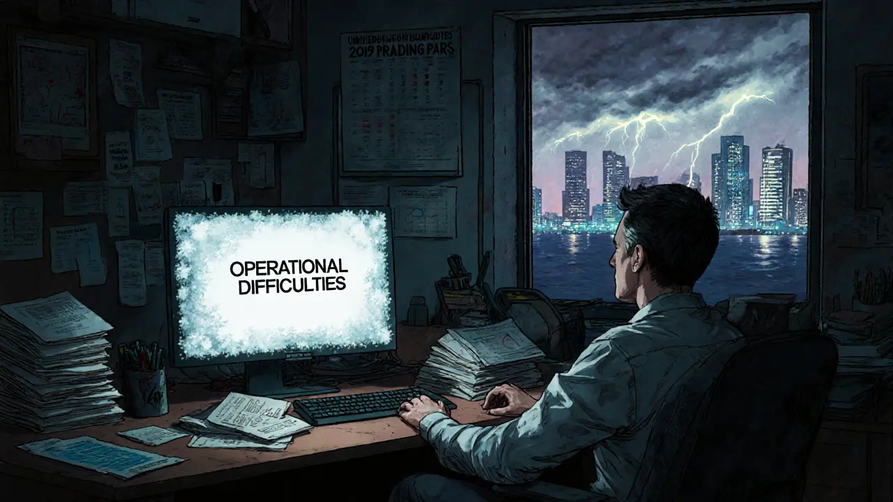 Dim office with frozen computer screen showing &#039;Operational Difficulties,&#039; piles of old trading charts.