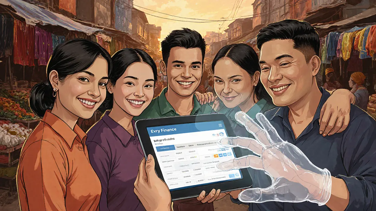 Diverse users in Southeast Asia use a tablet to send loans and bridge assets, with a transparent hand covering their transaction fees.