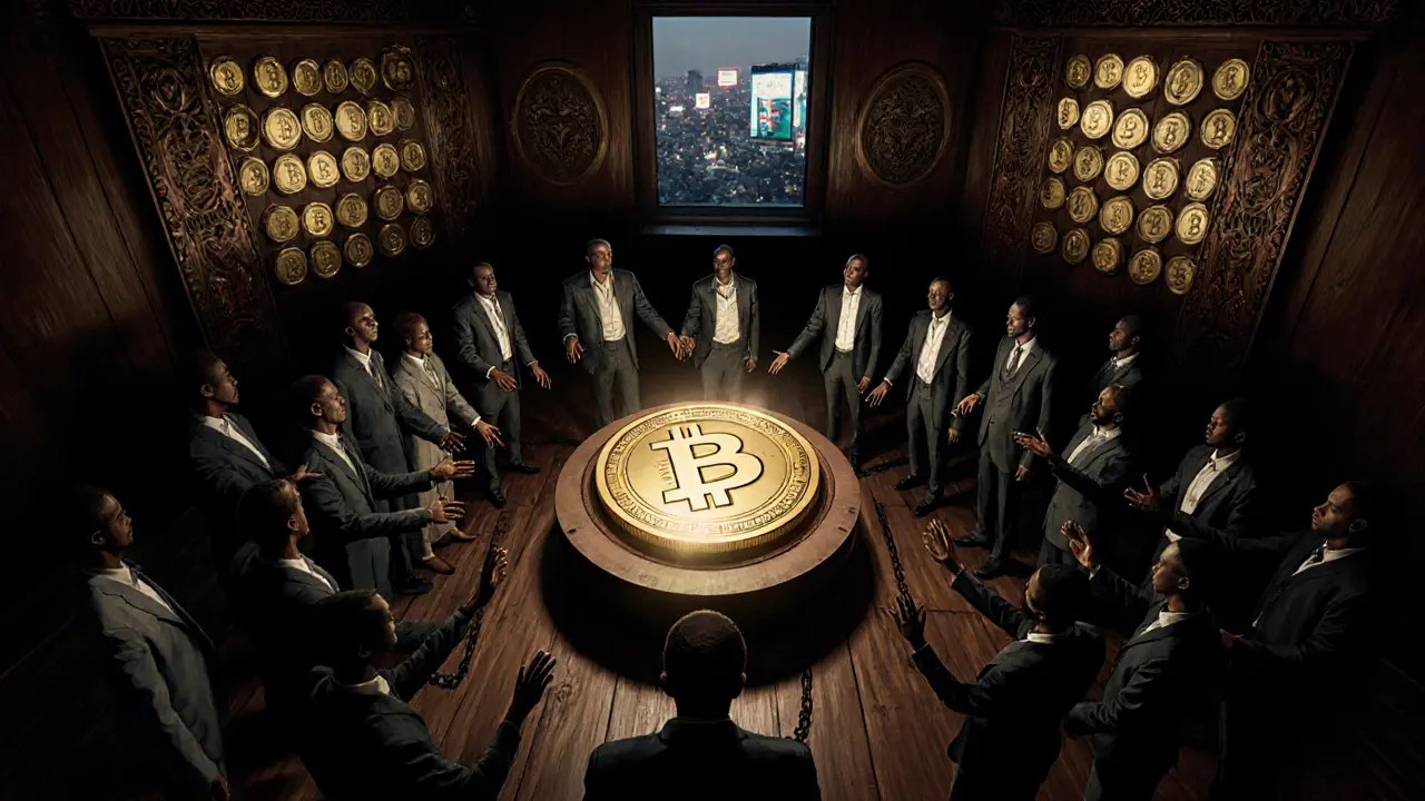 eNaira coin central in council chamber as crypto assets are chained, financial leaders in mixed eras, Howard Pyle style