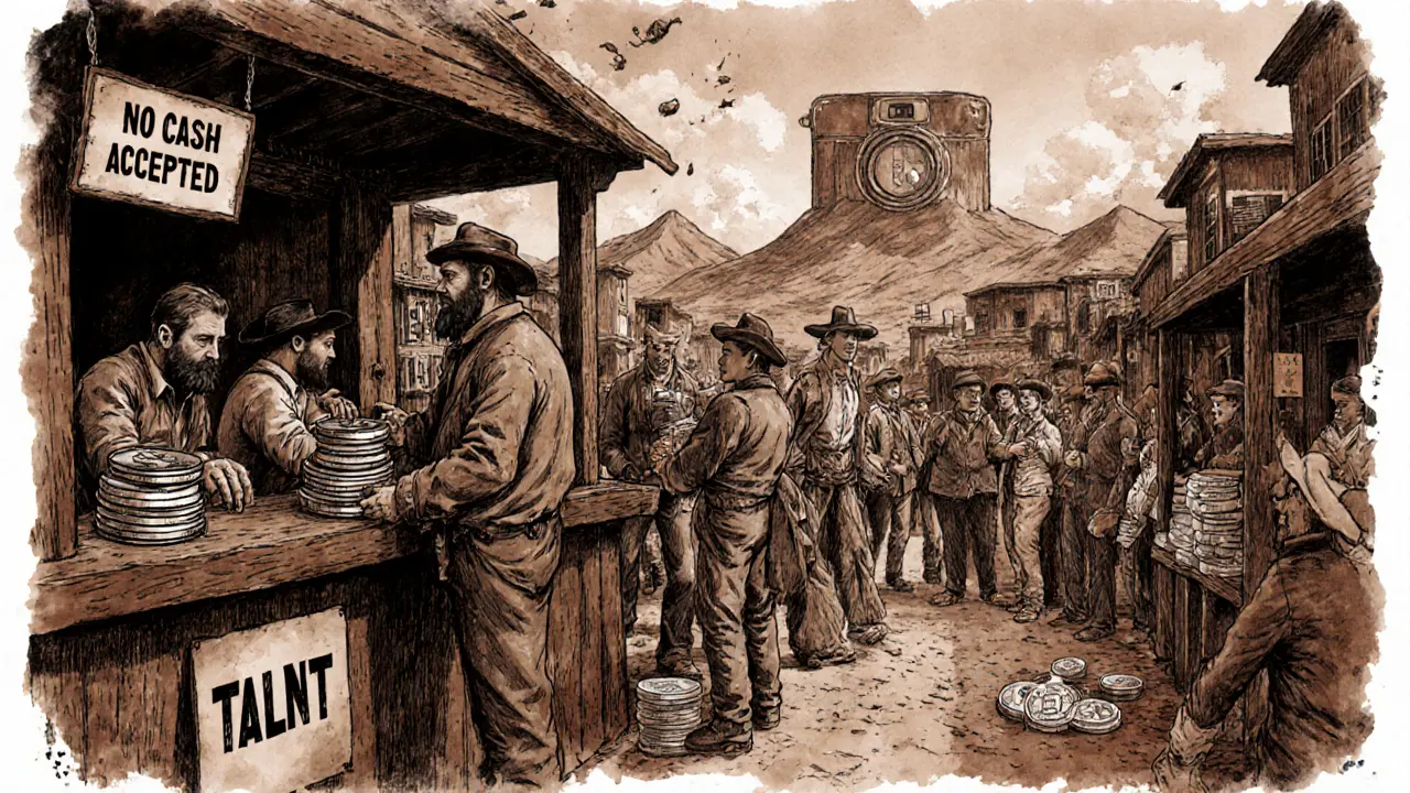 Filmmakers trade film reels for TALNT tokens at a rustic marketplace stall, with Bitcoin and Ethereum being exchanged nearby.