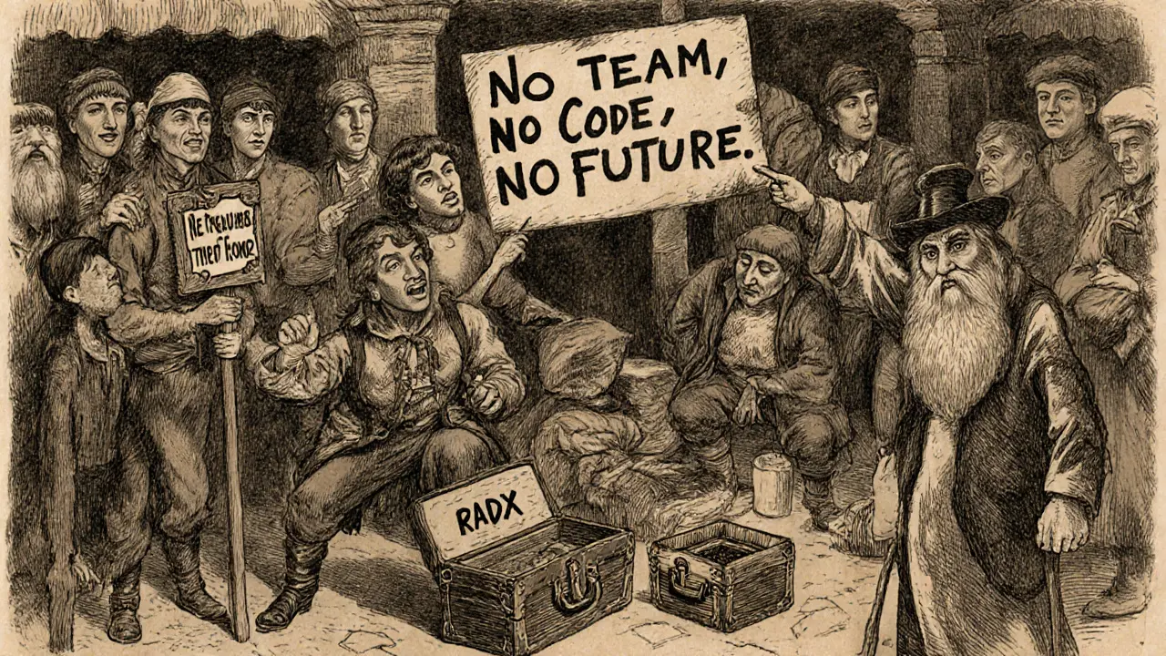 Gullible buyers in a marketplace being sold empty Radx AI chests, warned by an experienced explorer.