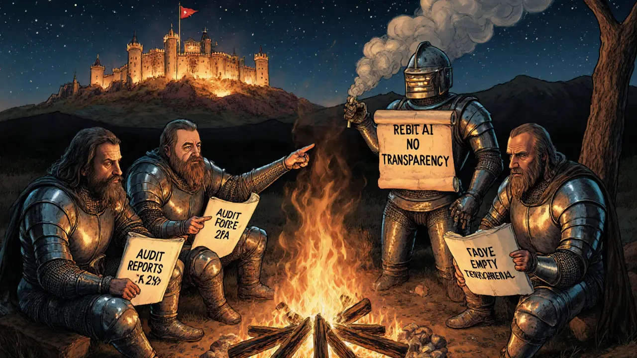 Knights around a fire reviewing trusted documents, while a burning &#039;BitAI&#039; robot spews fake testimonials into the night.