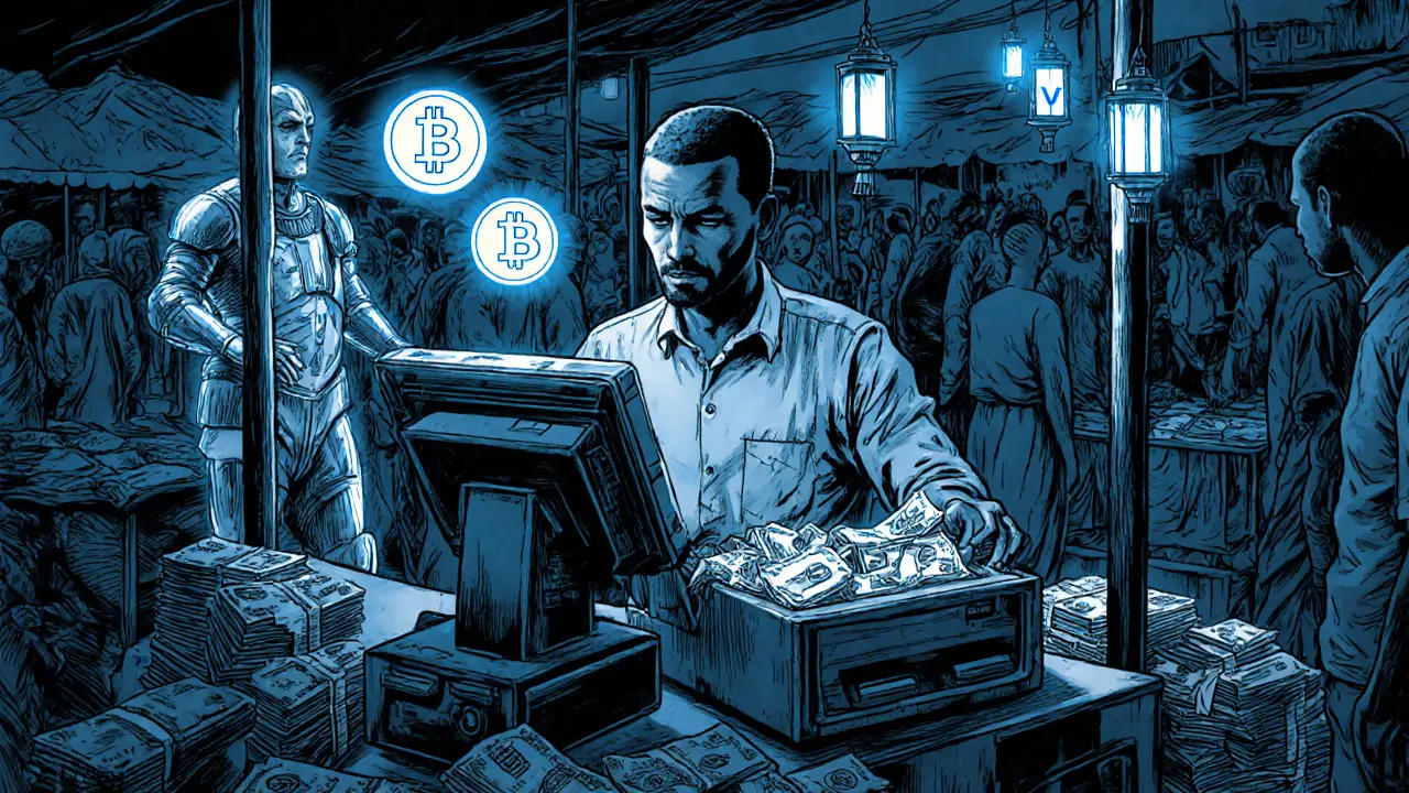 Merchant using licensed VASP gateway to convert crypto to Naira in a Lagos market, glowing digital tokens, Howard Pyle style