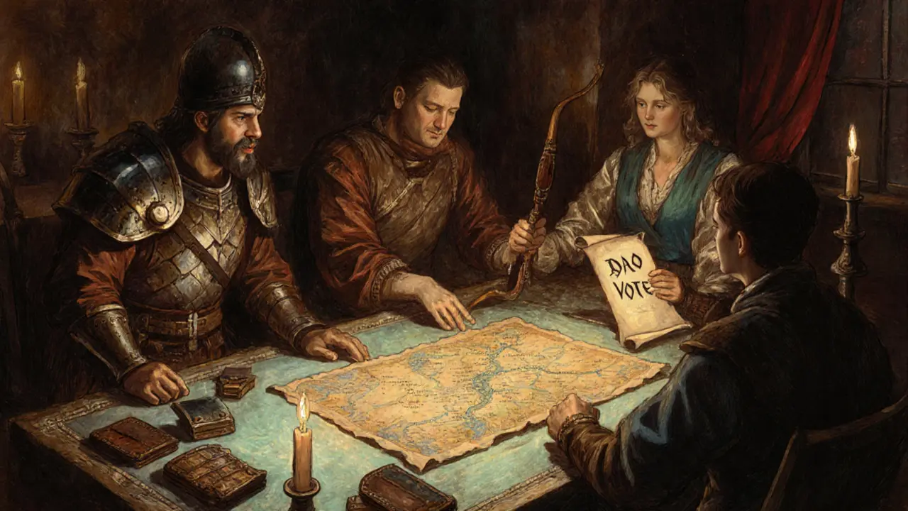 Players gathered around a map of Gamrey Deep, examining NFT gear and a DAO vote scroll.