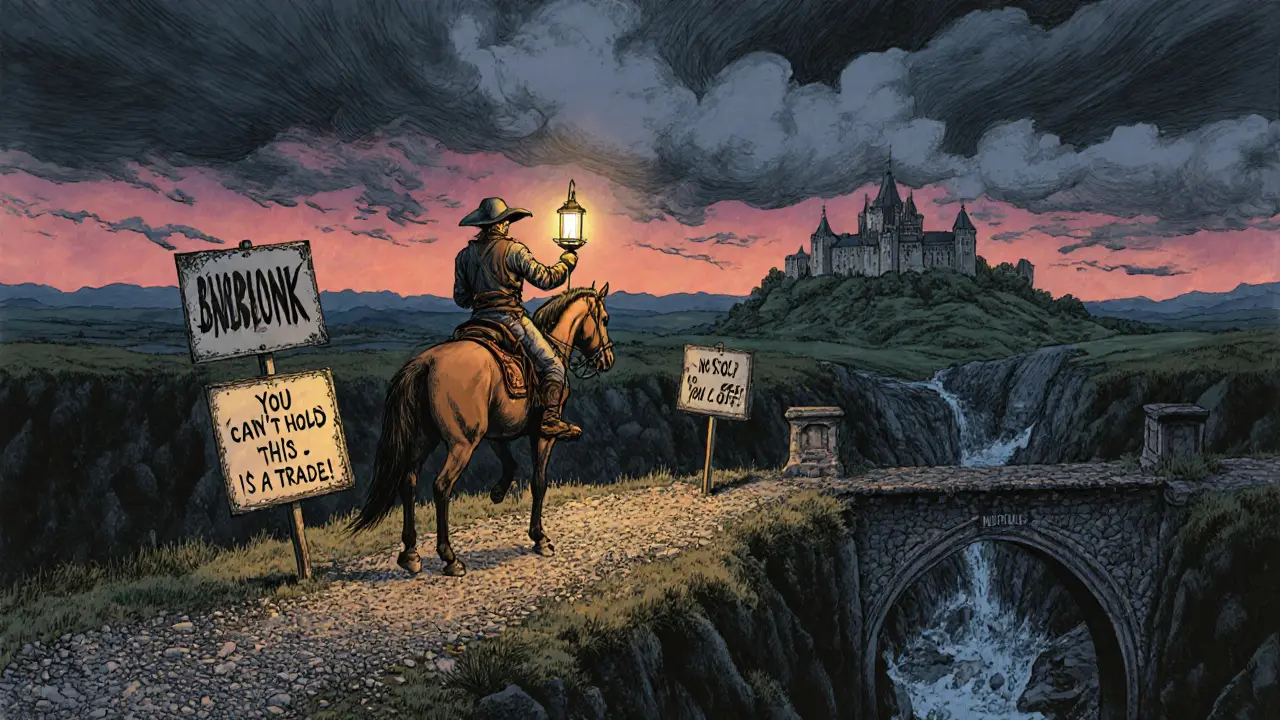 Rider on horseback crossing a dangerous path marked &#039;BNBBONK Trading&#039;, warned by signs and collapsing bridge.