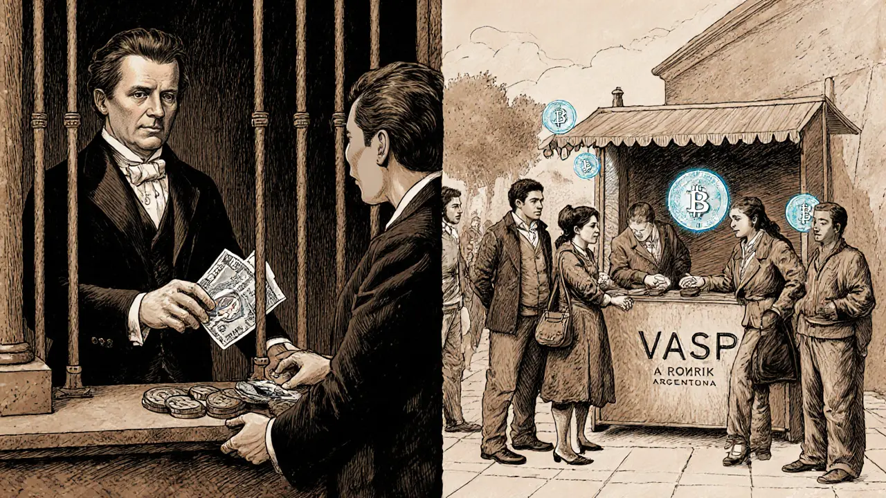 Split scene: traditional bank teller handing pesos vs. people trading crypto at a glowing VASP booth.