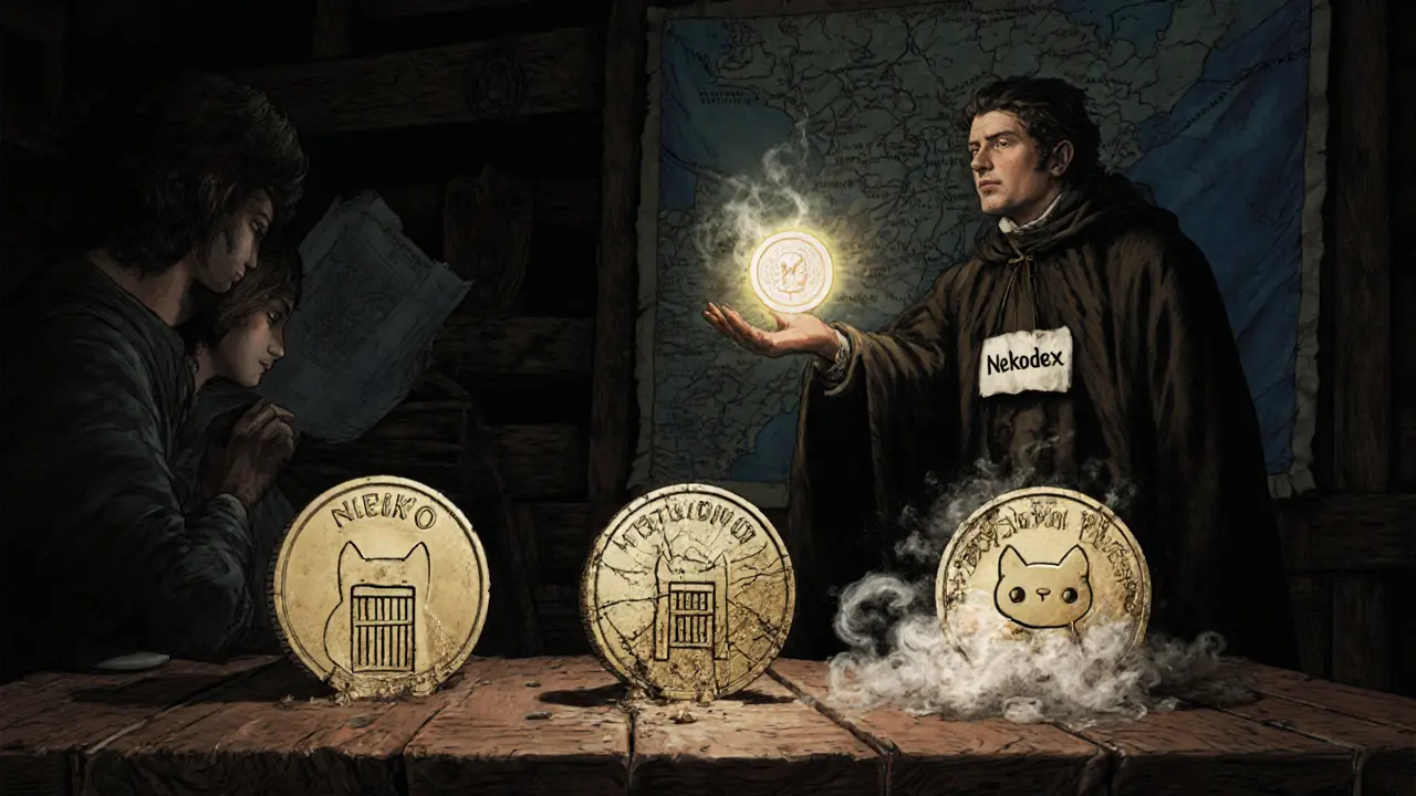 Three fading NEKO tokens on a table while Nekodex offers a real coin