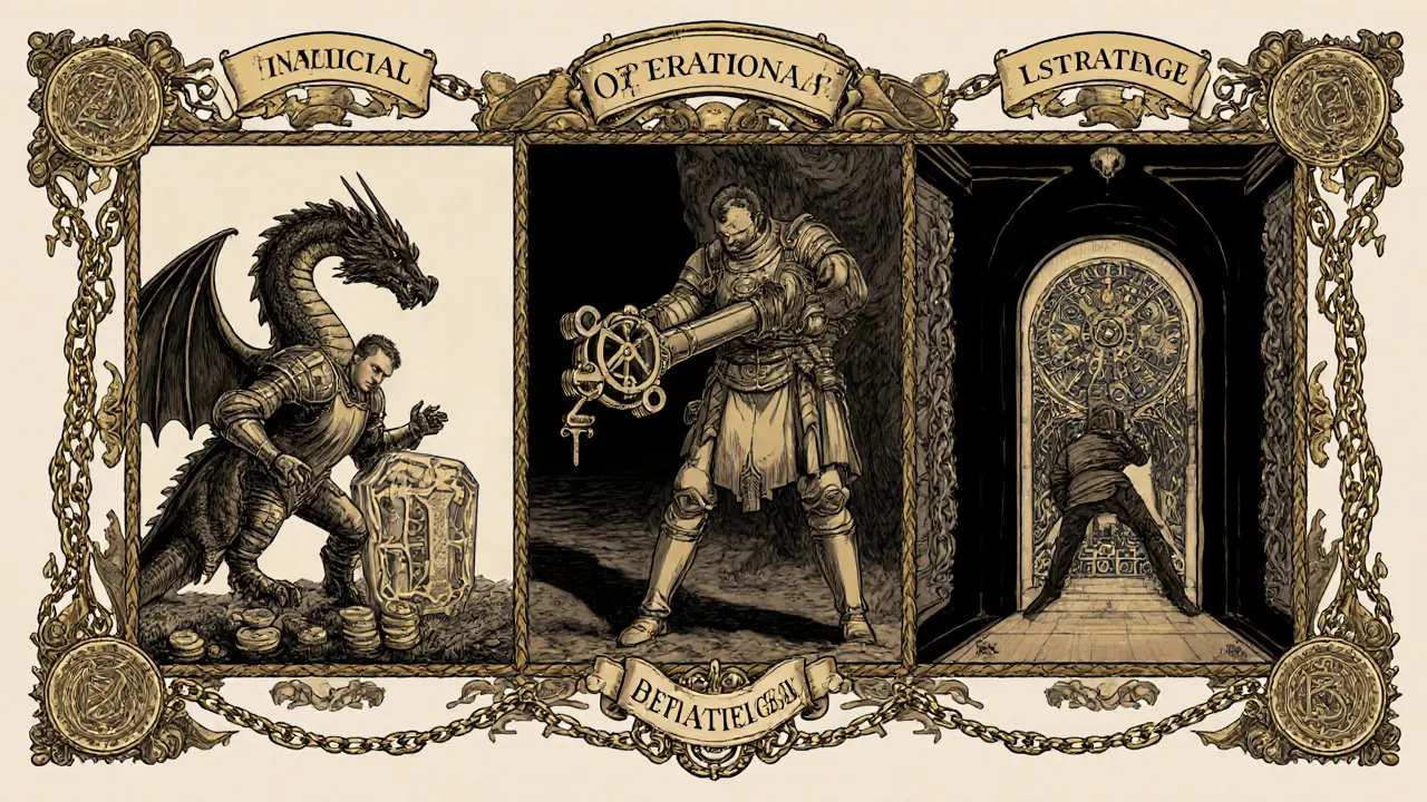 Three figures embodying financial, operational, and strategic leverage in a vintage adventure style.