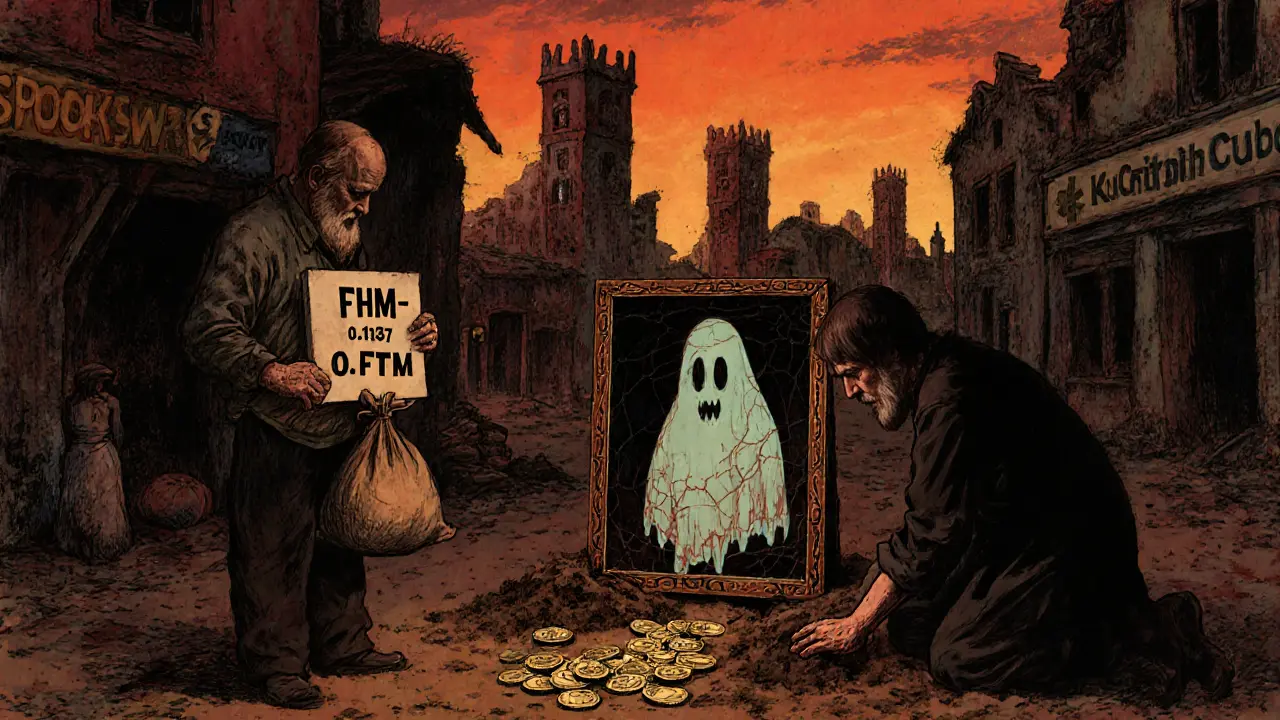 Three figures in a desolate marketplace, one burying FHM coins, under a blood-orange sky with crumbling exchange towers.