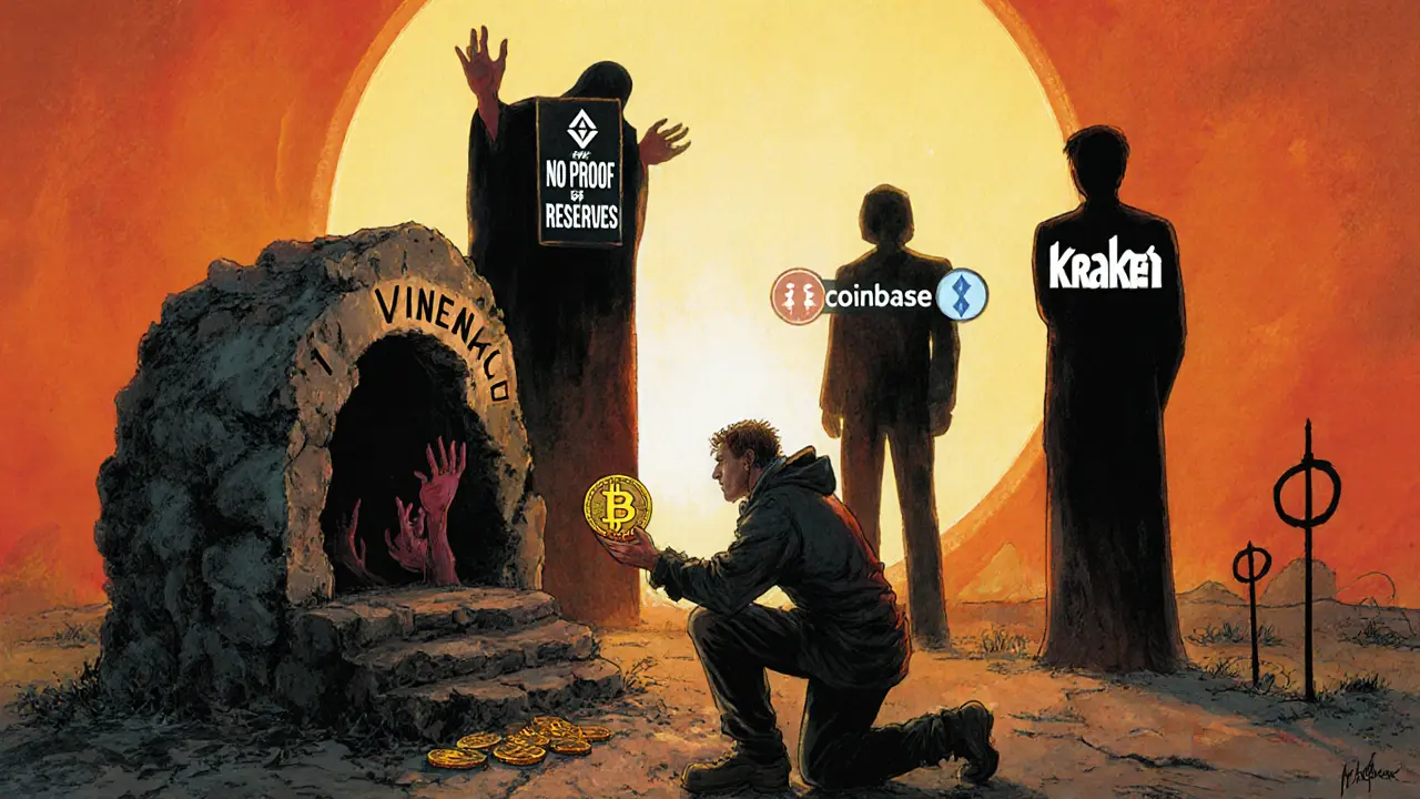 Trader kneeling before crumbling VINEX altar as ghostly hands reach from dark portal, rival exchanges glowing behind.