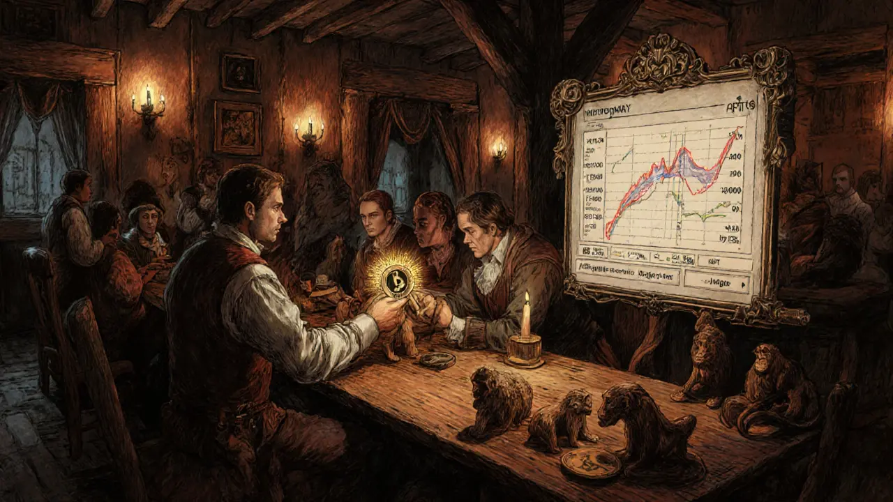 Traders in period clothing barter enchanted NFTs in a candlelit tavern, with floating DeFi data visible in the air.