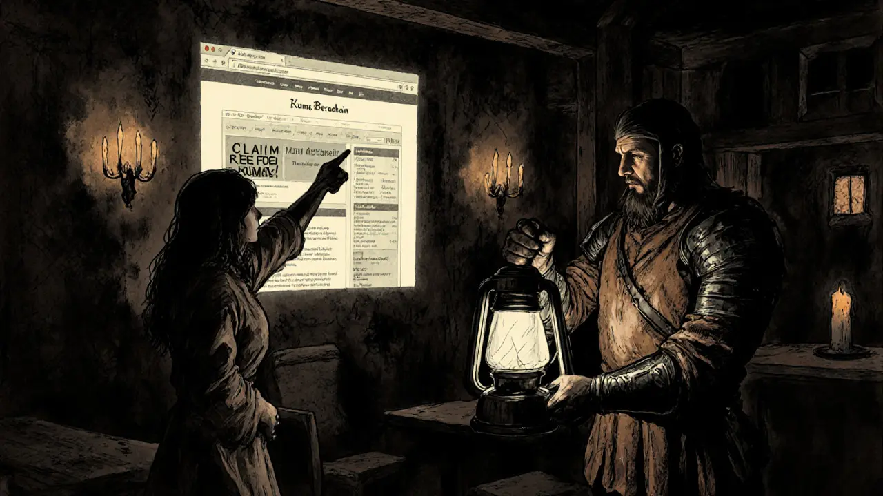 Two figures in a tavern, one pointing at a fake Kuma Inu website, the other revealing the real Kuma DEX with BGT rewards.