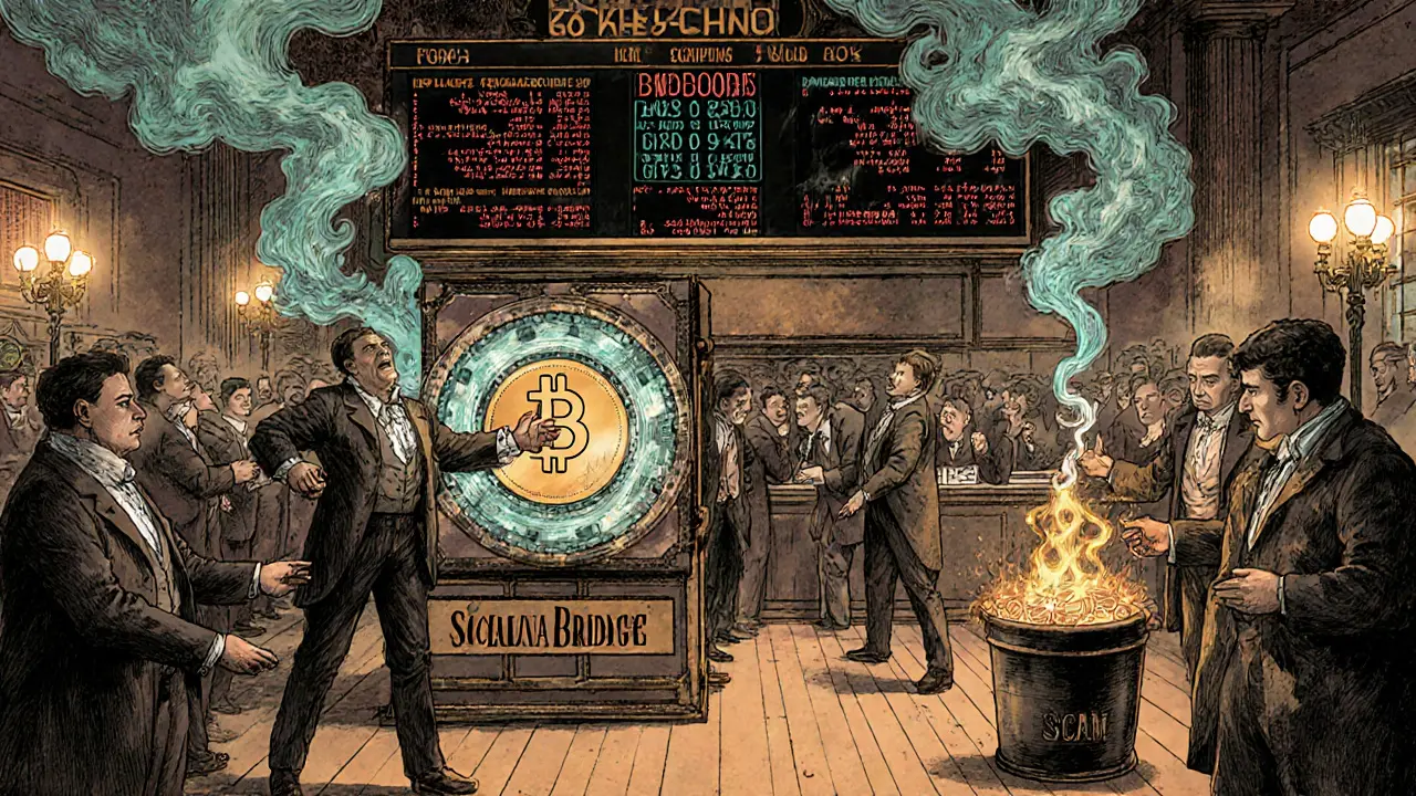 Victorian-era traders reacting to a mechanical ticker displaying BNBBONK prices, with fake tokens burning.