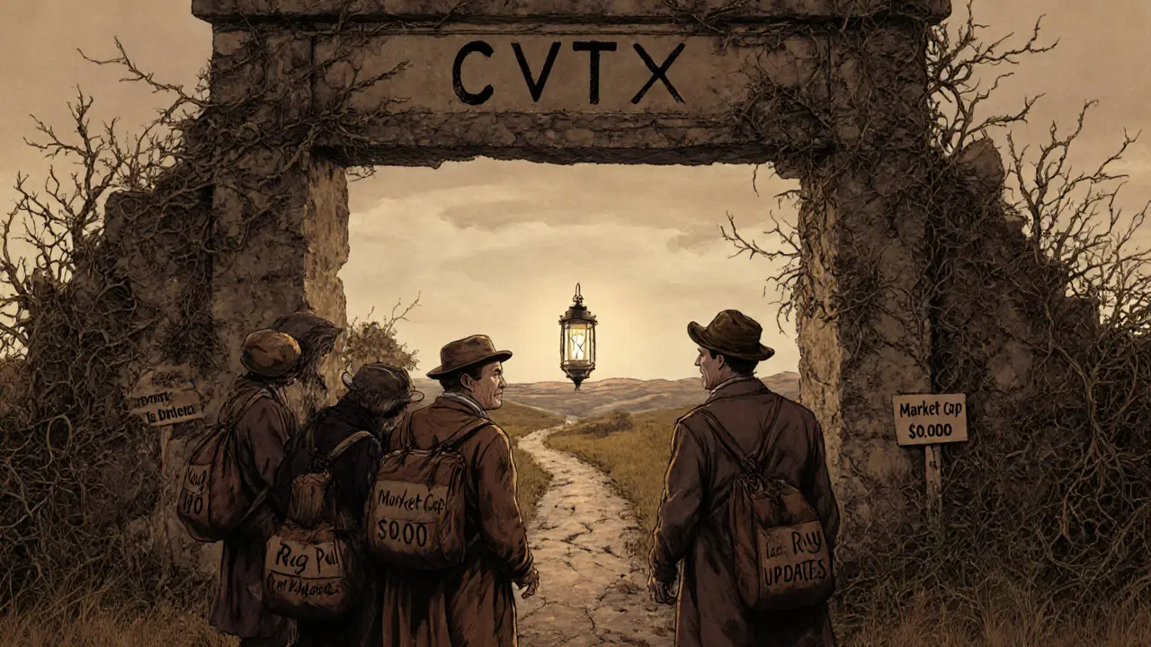 Weary travelers gaze at a flickering lantern labeled ,000 market cap before a crumbling archway.