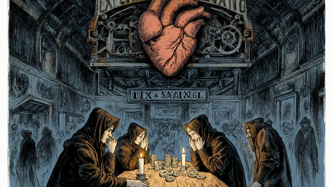 Whispering figures trade DFY coins at a wooden counter while a rusted mechanical heart labeled &#039;DEX &amp; STAKING&#039; sits unused.