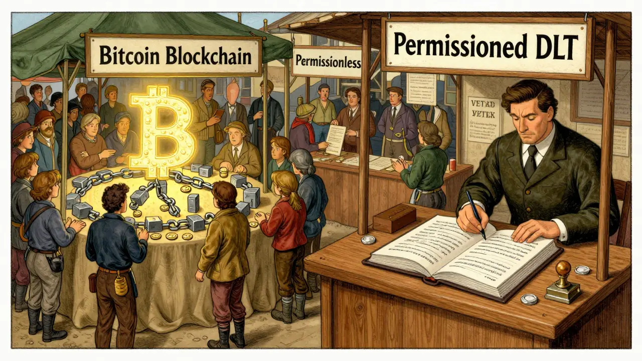 A 19th-century marketplace with two stalls: one for public blockchain trading, another for private DLT ledger signing.
