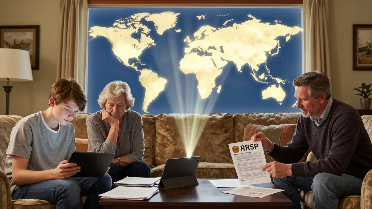 A Canadian family invests in a Bitcoin ETF together, with a world map glowing with influence radiating from Canada.