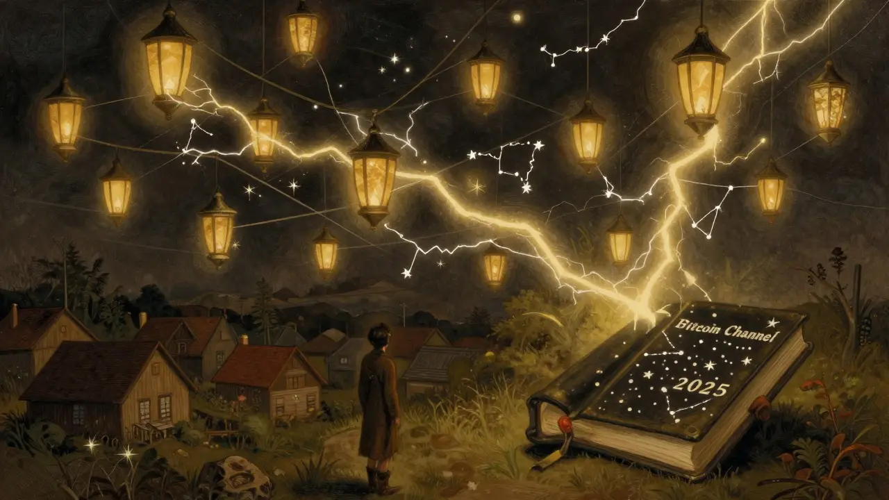 A celestial web of lightning-connected lanterns represents the Lightning Network above a quiet village at night.