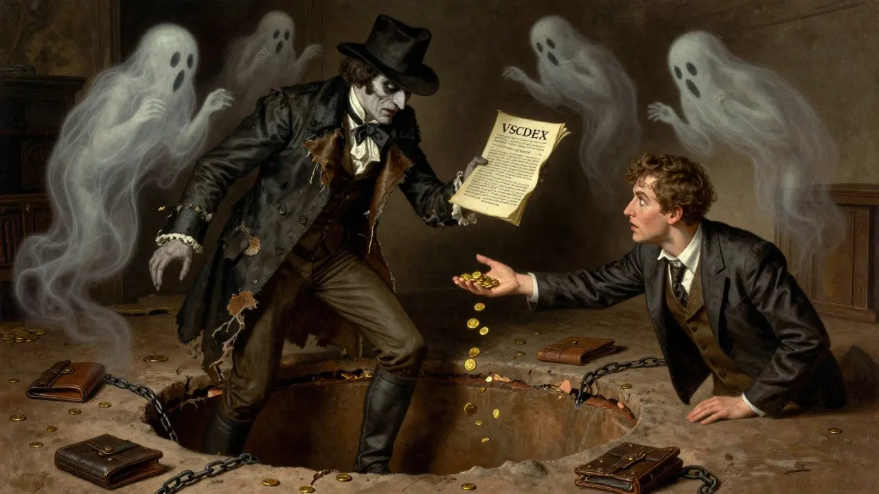 A con artist lures an investor to deposit coins into a bottomless pit labeled VSCDEX, surrounded by floating fake testimonials.