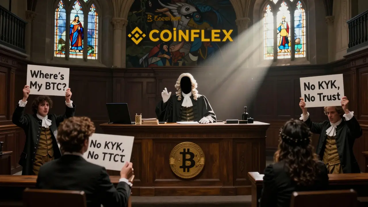A courtroom trial against a ghostly CoinFLEX logo with distressed traders holding signs for their lost funds.