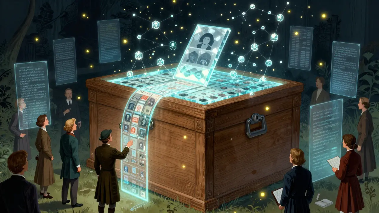 A crystalline blockchain ledger with floating vote nodes, examined by officials in historic attire.