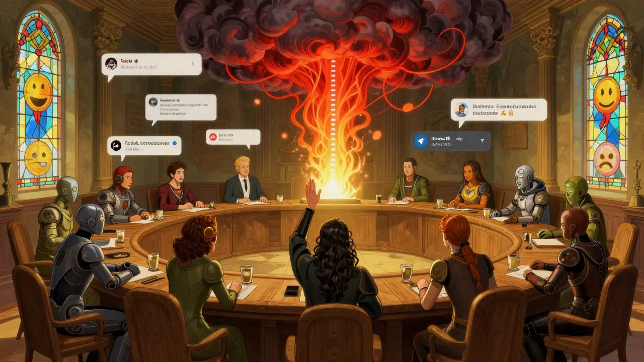 A DAO council meeting with a holographic sentiment meter rising above diverse members, halting a vote amid social media chaos.