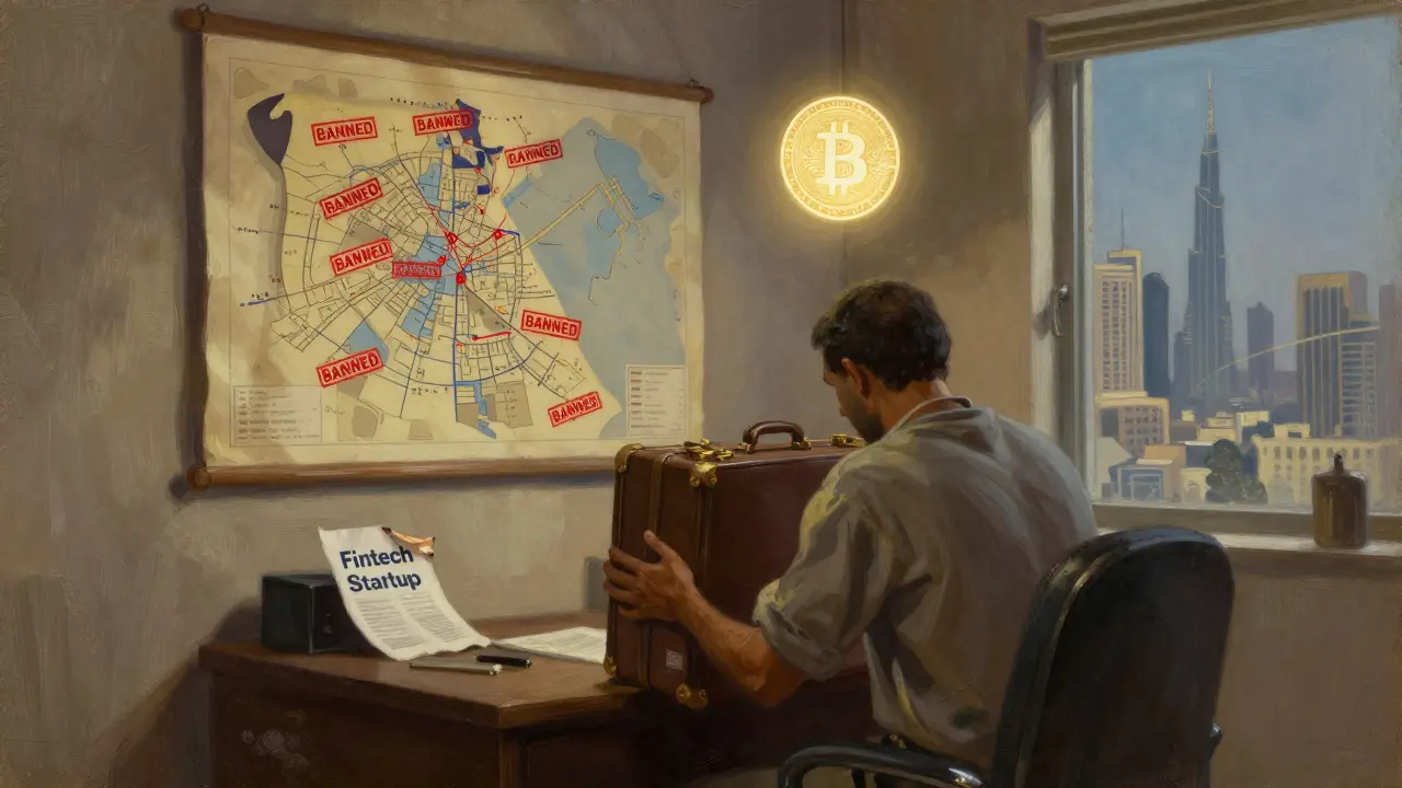 A developer packing to leave Egypt, a banned blockchain map on the wall, a single Bitcoin icon glowing above.