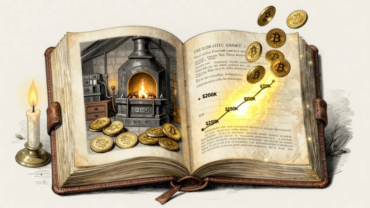 A floating ancient ledger showing Bitcoin mining and smart contract milestones, rendered in detailed Victorian illustration style.