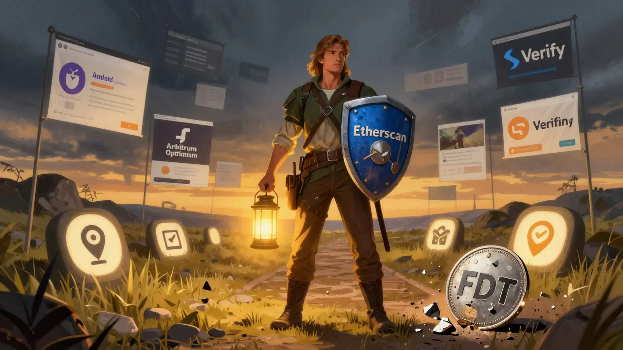 A hero with Etherscan shield stands against phishing storms, guiding others to safe crypto projects in vintage illustration style.