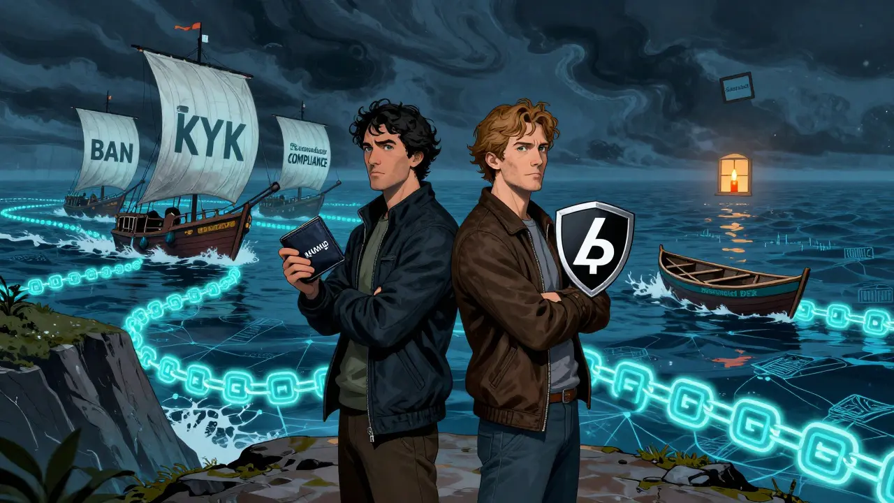 A journalist and whistleblower stand on a cliff facing regulatory ships, with a small boat heading toward a distant candlelit window.