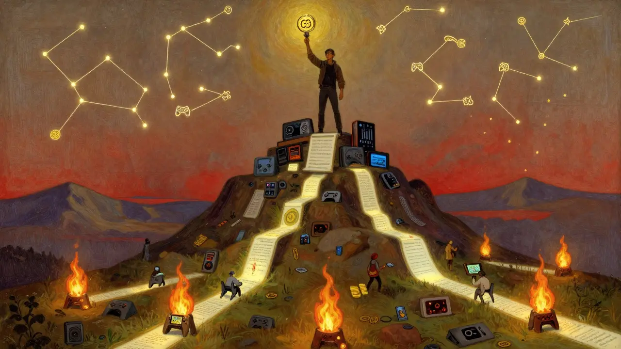 A lone gamer stands atop a mountain of tech, holding a G3 token as light paths lead to players below.