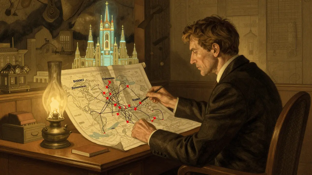 A Russian investor studies global crypto bans under a lamp, as a glowing digital ruble cathedral rises behind.