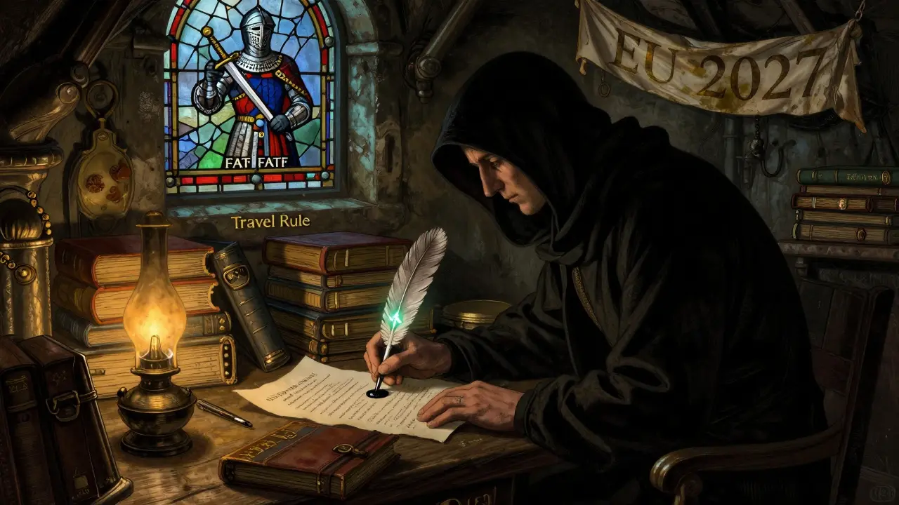 A shadowy figure records a secret transaction in a vault with glowing symbols, under a stained-glass window showing a knight with a rule sword.