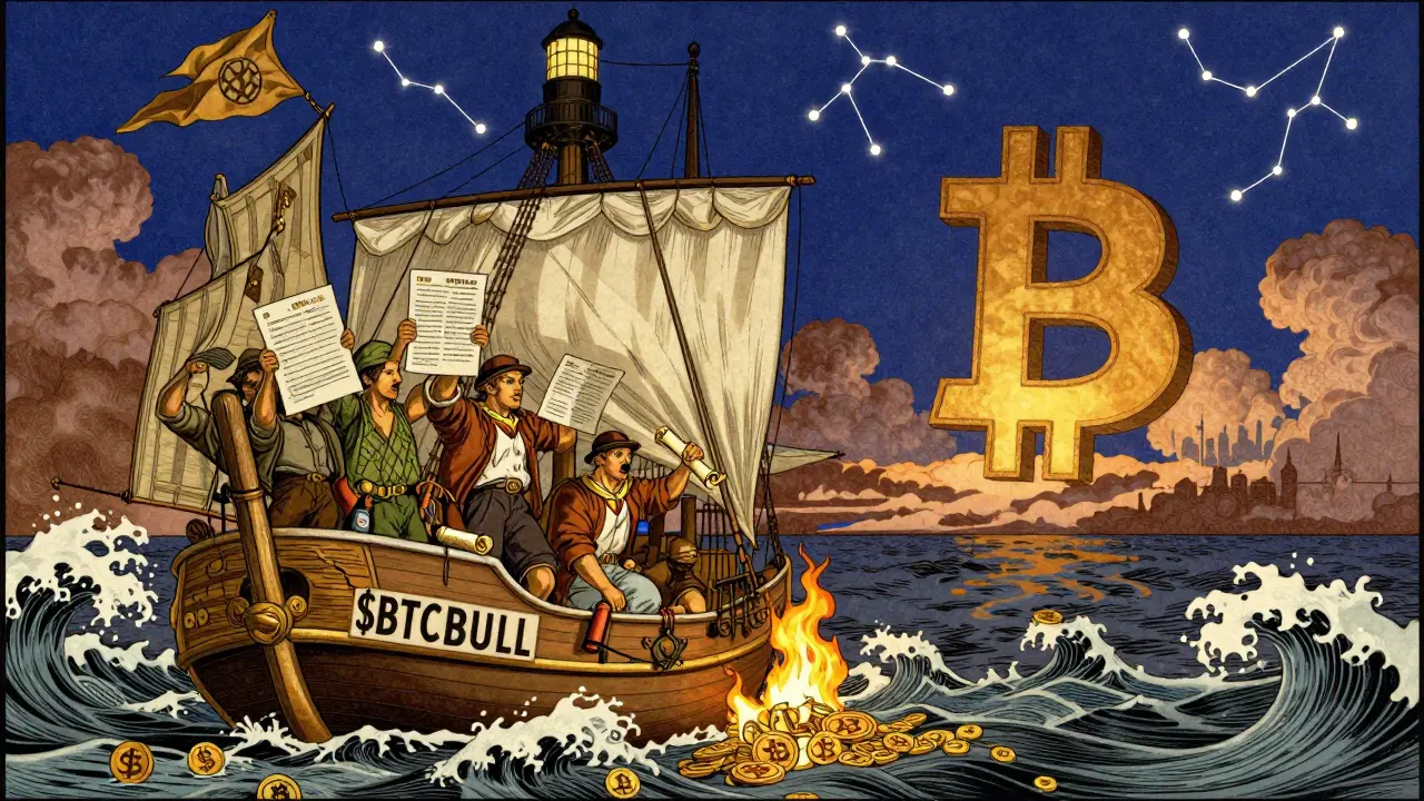 A ship sailing toward a Bitcoin lighthouse, crew holding staking and burn scrolls, in Howard Pyle’s adventurous illustrative style.