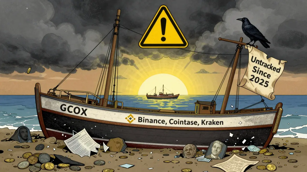 A shipwreck labeled GCOX on a digital shore, while other exchanges sail toward light, with a raven holding a warning scroll.