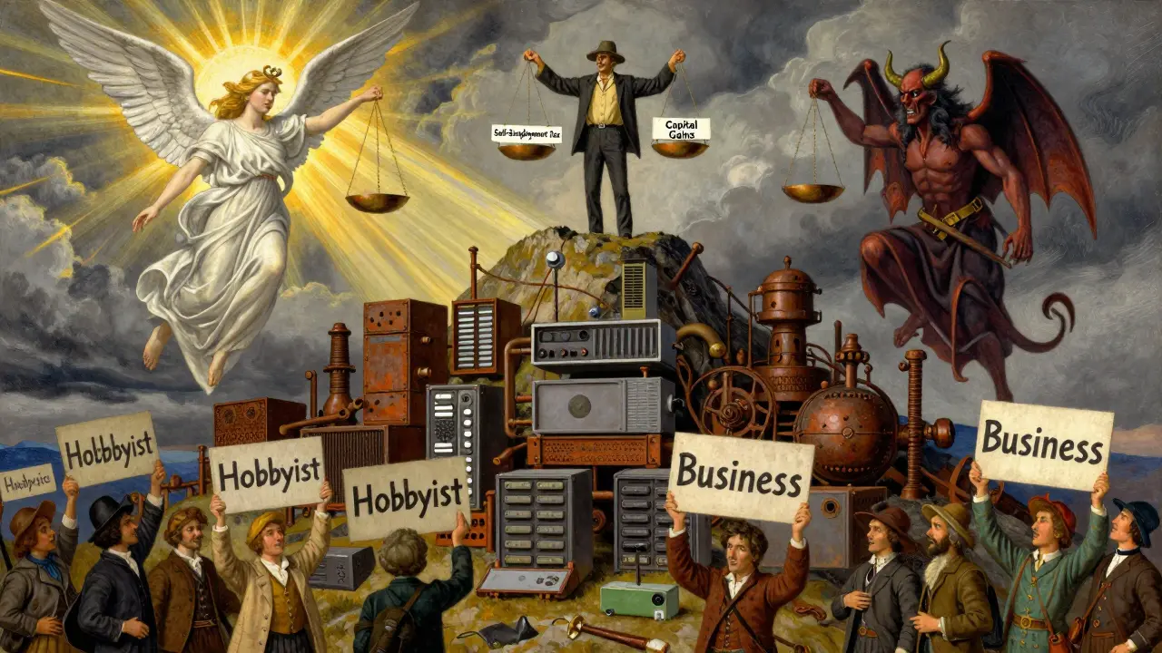 A staker atop steam-powered crypto gear faces angel and demon holding tax scales under stormy golden skies.