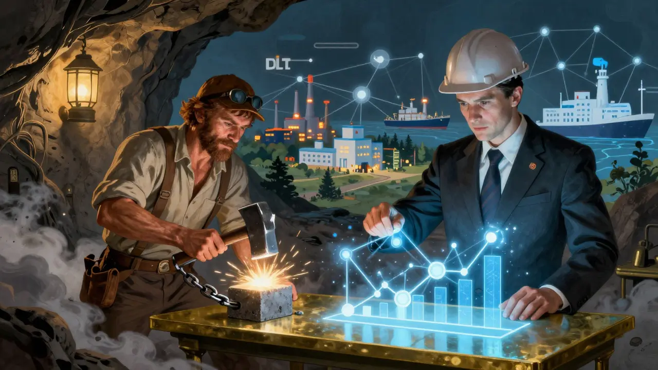 A symbolic battle between a miner forging a blockchain and an engineer building a DLT graph, set against enterprise landscapes.