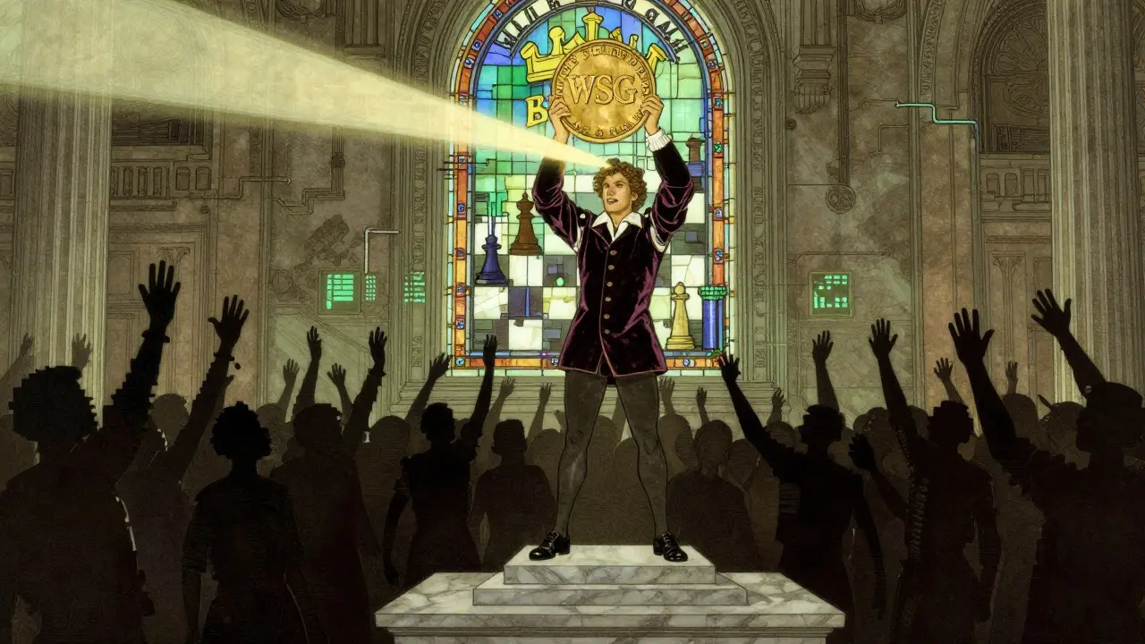 A winner holds a massive glowing token as light bursts forth, surrounded by pixelated crowds and a digital stained-glass window.