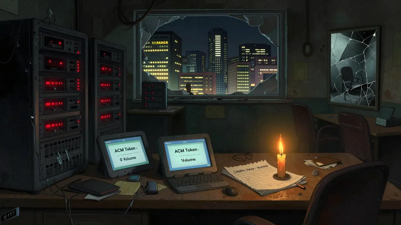 An abandoned crypto trading floor with dead screens and flickering candles, contrasted with glowing modern exchanges in the distance.