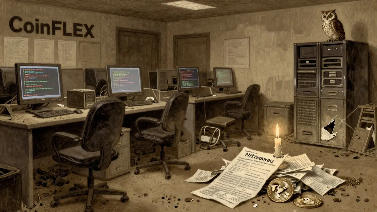 An abandoned crypto trading floor with flickering screens and a dead FLEX token beside a burning candle.