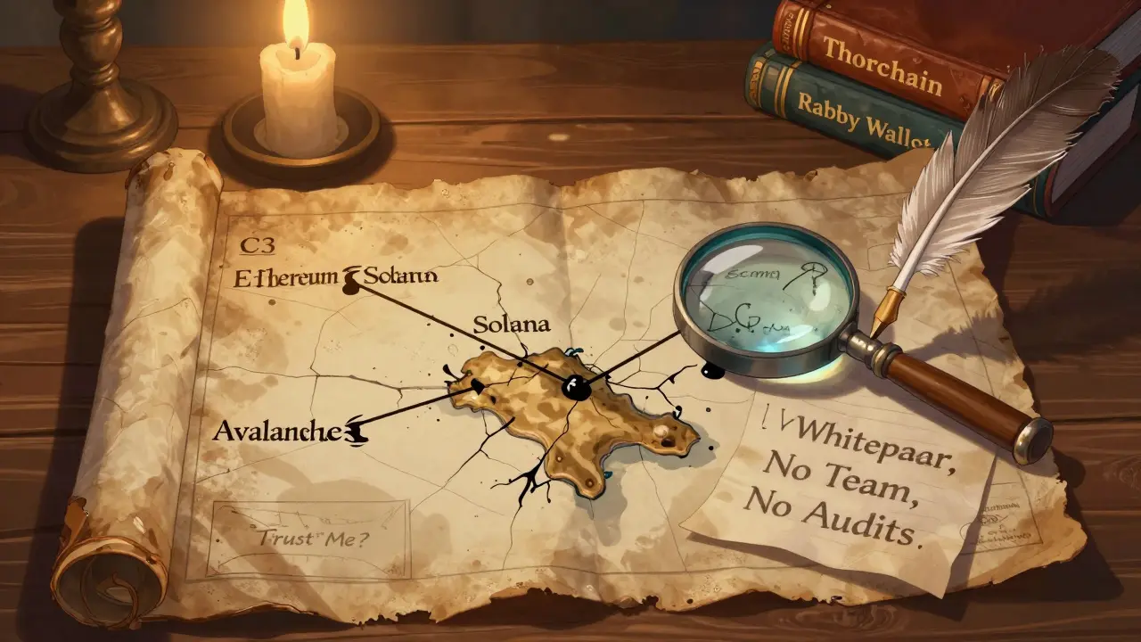 An ancient map shows unmarked paths to C3, with inked warnings and audited alternatives visible nearby.