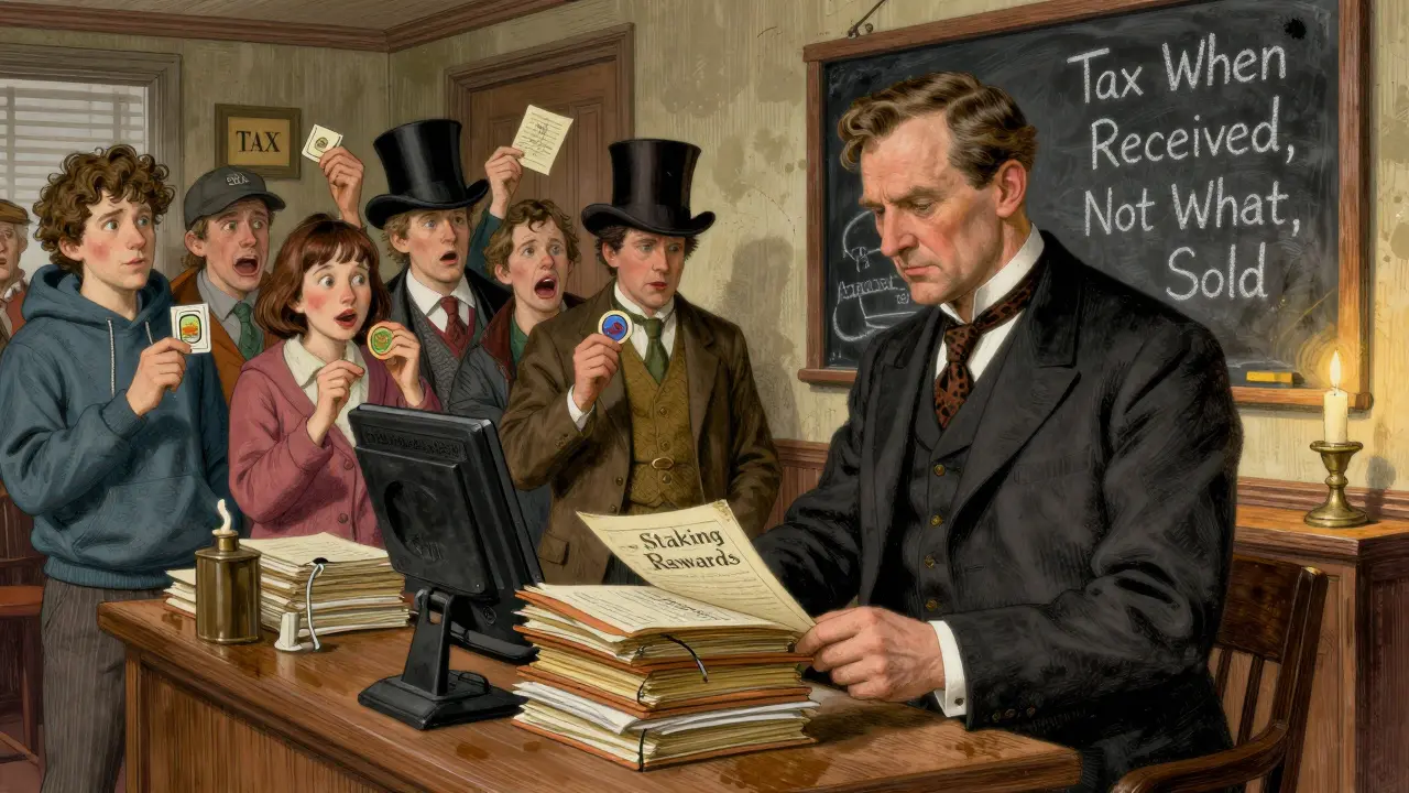 An IRS agent in Victorian garb reviews staking ledgers as modern and historical figures wait in line.