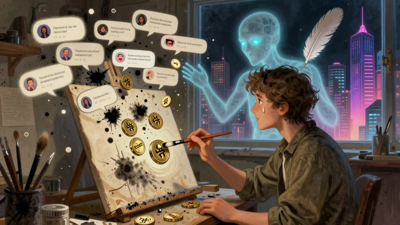 An NFT artist painting tokens while an AI spirit analyzes swirling comments, a tear falling onto a 'trust' token.