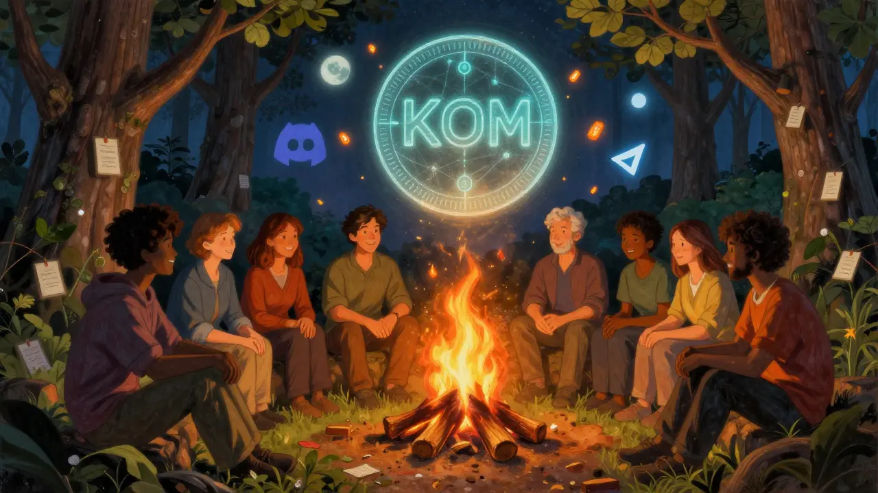 Community members around a campfire under a glowing KOM token, with voting leaves and burning fees in the background.